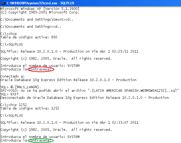 Configuración de NLSLANG dento de ventana CMD.exe