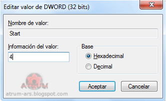 Captura de pantalla donde se edita el valor Start del registro de Windows