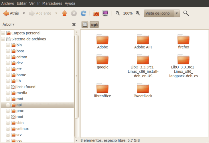 Captura de pantalla de directorio "opt" en Ubuntu