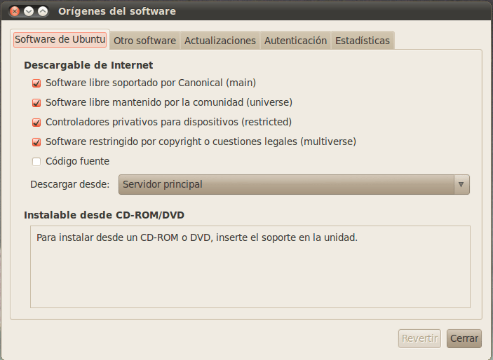 Captura de pantalla de "Orígenes de software" en Ubuntu
