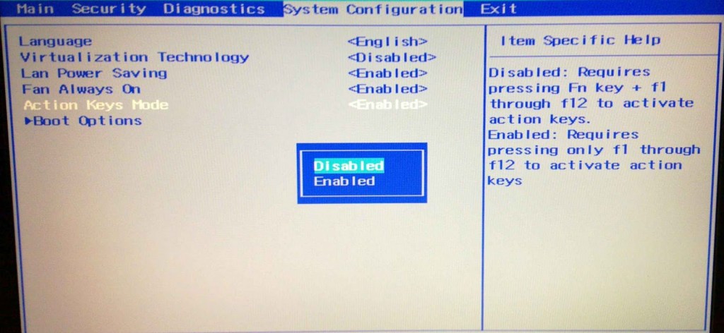 Foto de Bios con la opción Action Keys Mode