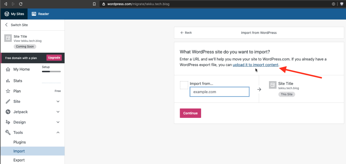 Panel de importación de WordPress.com donde se observa la opción para subir contenido
