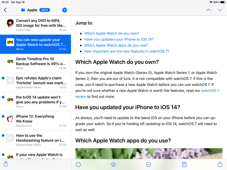 Aplicación de NetNewsWire para iPad mostrando un artículo abierto