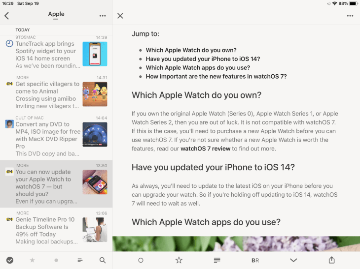 Aplicación de Reeder 4 para iPad mostrando un artículo abierto