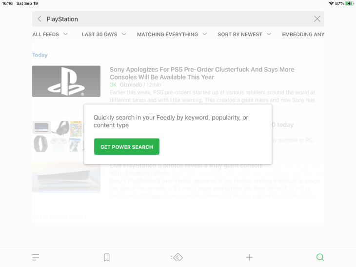 Pantalla de búsqueda en Feedly mostrando opción para comprar versión de pago