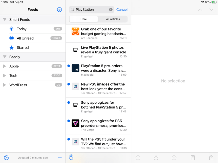 Pantalla de búsqueda en NetNewsWire en iPad