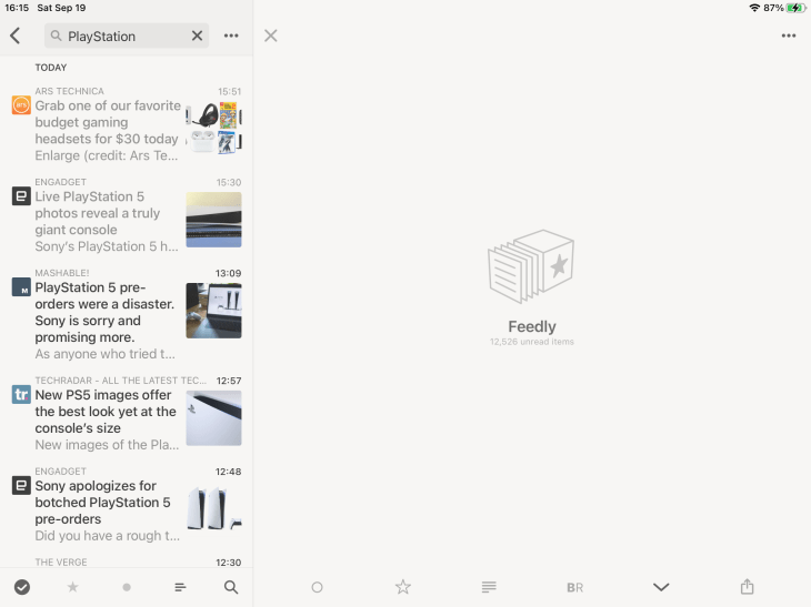 Pantalla de búsqueda en Reeder 4 en iPad