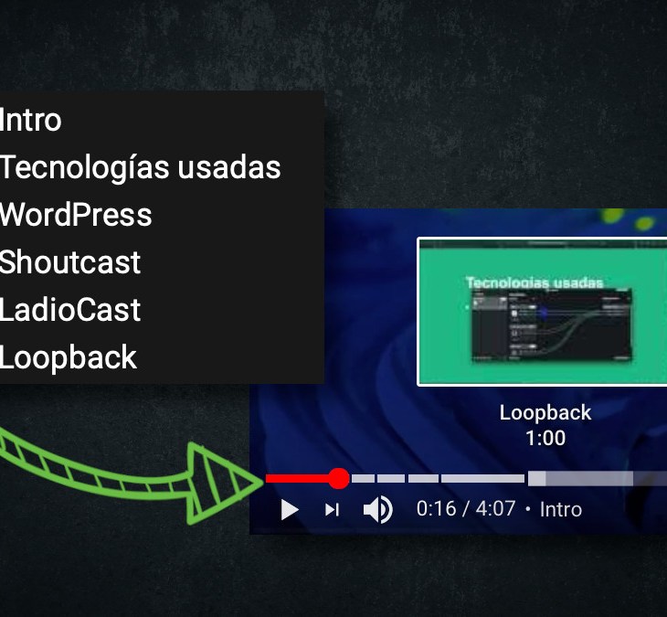 Flecha verde indicando como se convierten las marcas de tiempo en capítulos dentro de YouTube