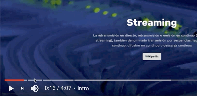 Gif que muestra como se visualizan los capítulos o secciones en YouTube cuando se pasa el cursor por enciam de la barra de progreso
