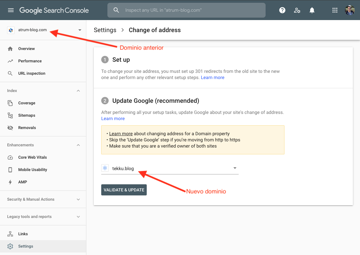 Pantalla de Google Search Console que muestra la herramienta de Cambio de Dirección. Señalando el dominio anterior y el nuevo dominio