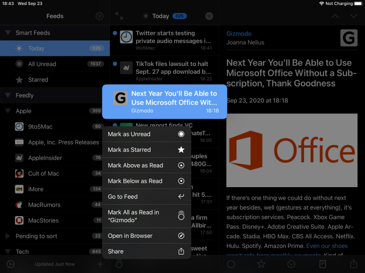 App de NetNewsWire para iPad mostrando menú contextual