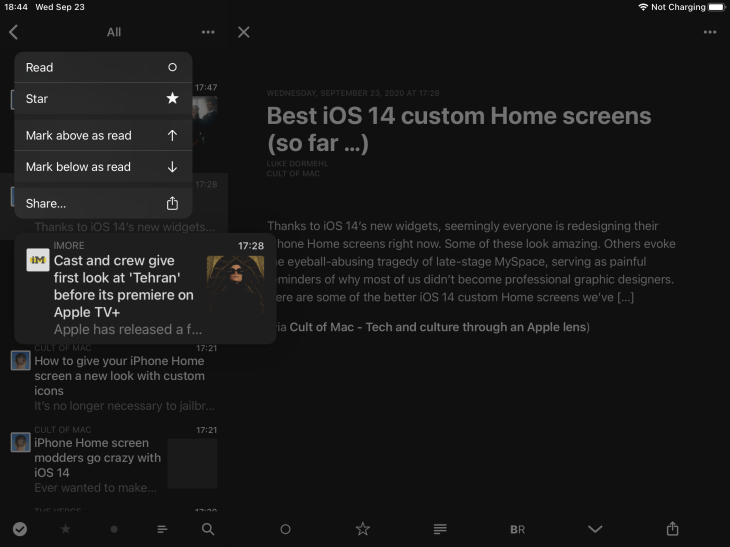 App de Reeder 4 para iPad mostrando menú contextual