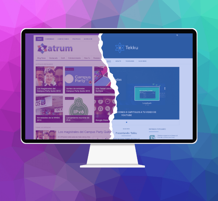 Computadora con un sitio web de WordPress.org a la izquierda y un sitio web de WordPress.com a la derecha