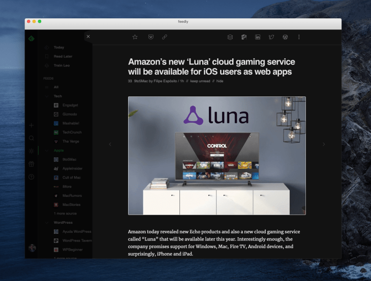 App de Feedly para Mac mostrando un artículo en modo nocturno
