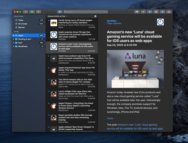App de NetNewsWire para Mac mostrando un artículo en modo nocturno