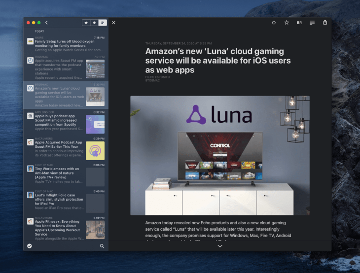 App de Reeder 4 para Mac mostrando un artículo en modo nocturno
