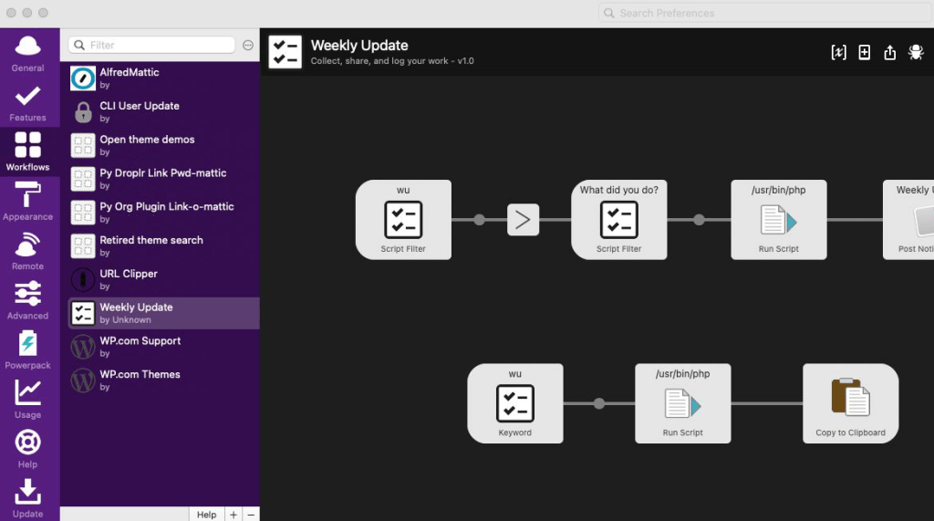 Captura de pantalla de sección de Workflows en Alfred