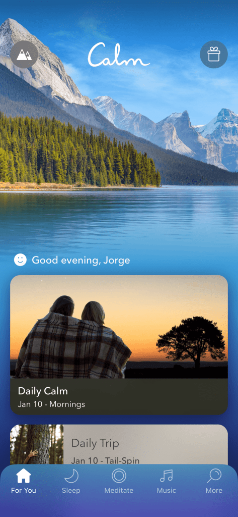Captura de pantalla de app Calm en iPhone mostrando meditación guiada