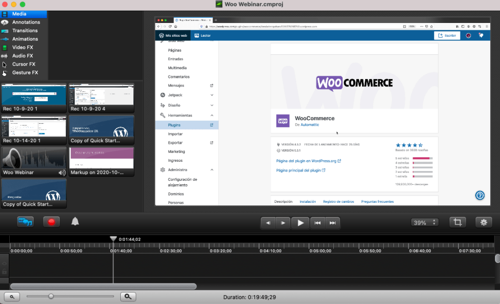 Captura de pantalla de Camtasia 2 con un proyecto de video abierto