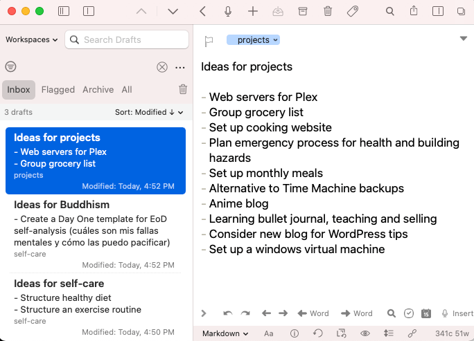 Captura de pantalla mostrando Drafts con notas sobre ideas para proyectos