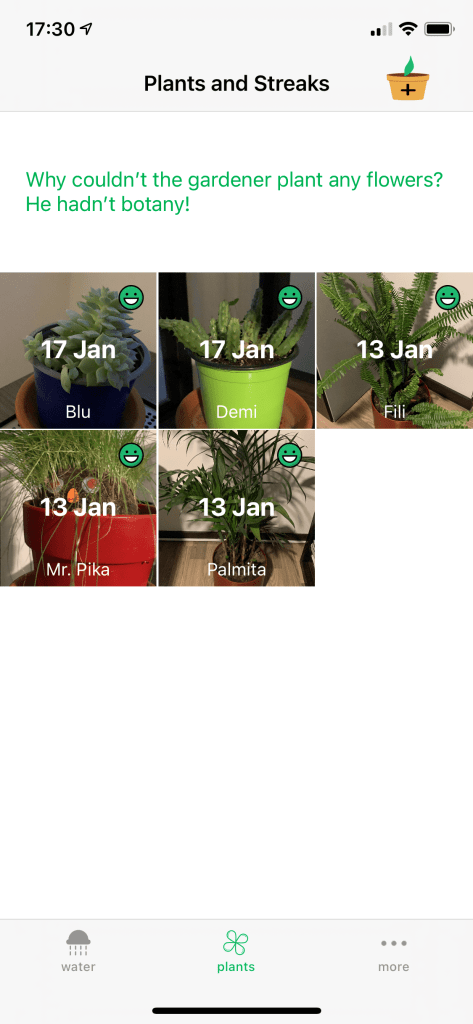 Captura de pantalla de app HappyPlant en iPhone mostrando plantas registradas