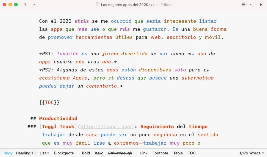Captura de pantalla de iA Writer con contenido de entrada