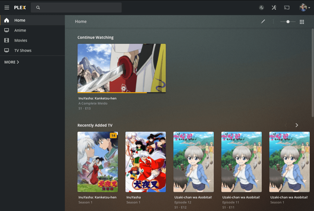Captura de pantalla de Plex con series de anime