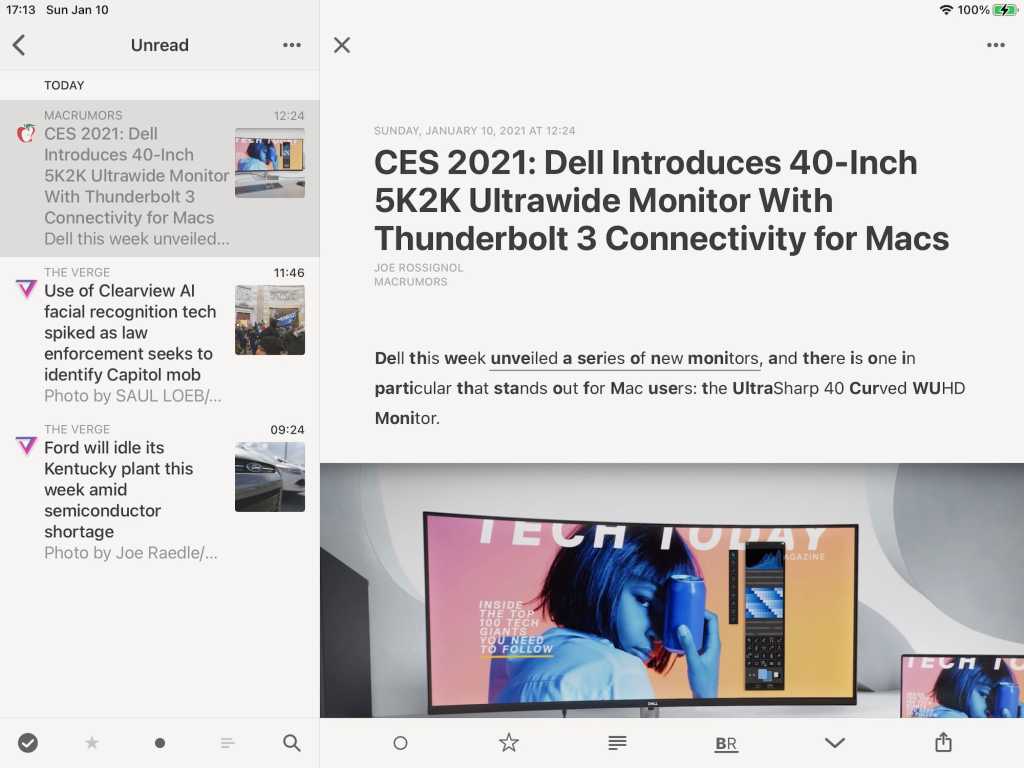 Captura de pantalla de Reeder 4 mistrando artículos de tecnología
