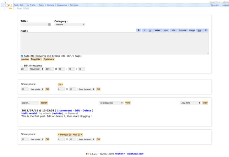 Captura de pantalla que muestra la pantalla de creación de entradas de la versión 0.6.2.1 de b2. 