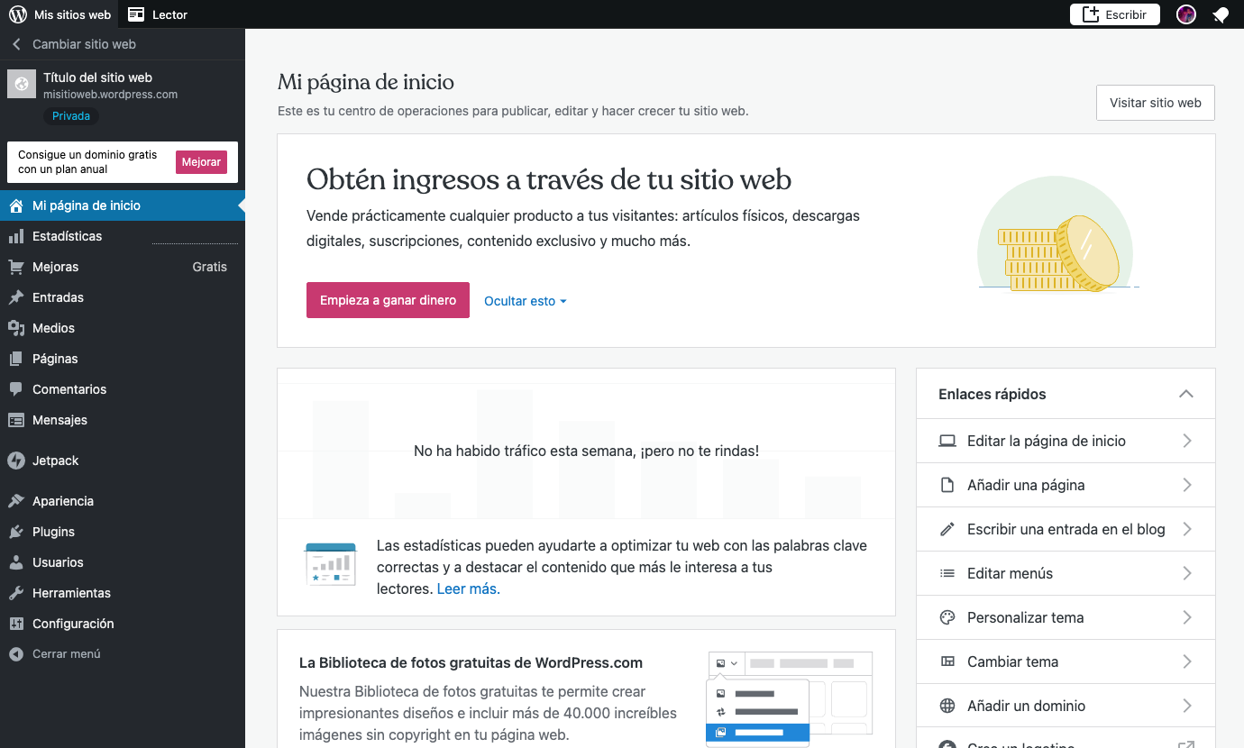 Captura de pantalla del panel de WordPress.com
