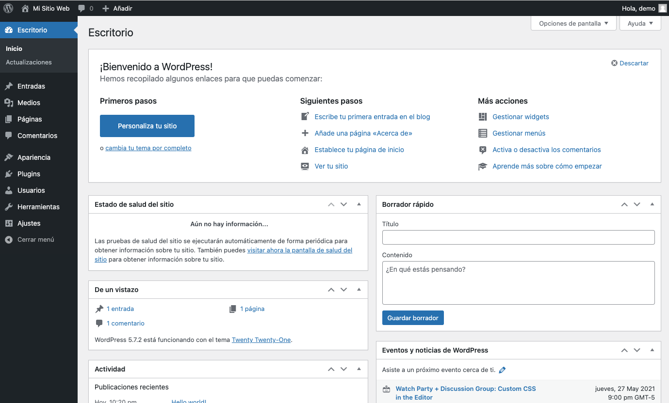 Captura de pantalla de panel WP Admin en WordPress.org