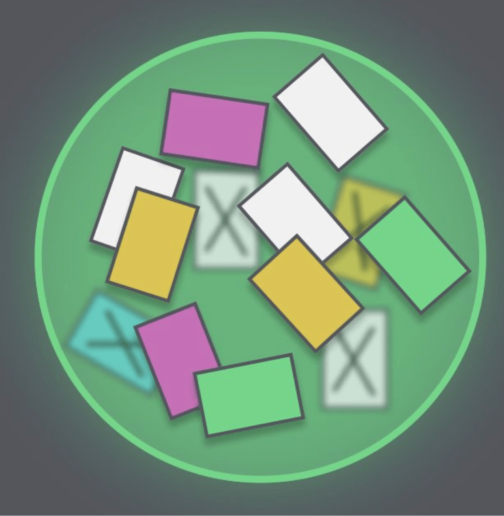 Gráfico de un círculo englobando rectángulos que representa una nota (MOC) conteniendo notas atómicas que sufren cambios representados por distintos colores.